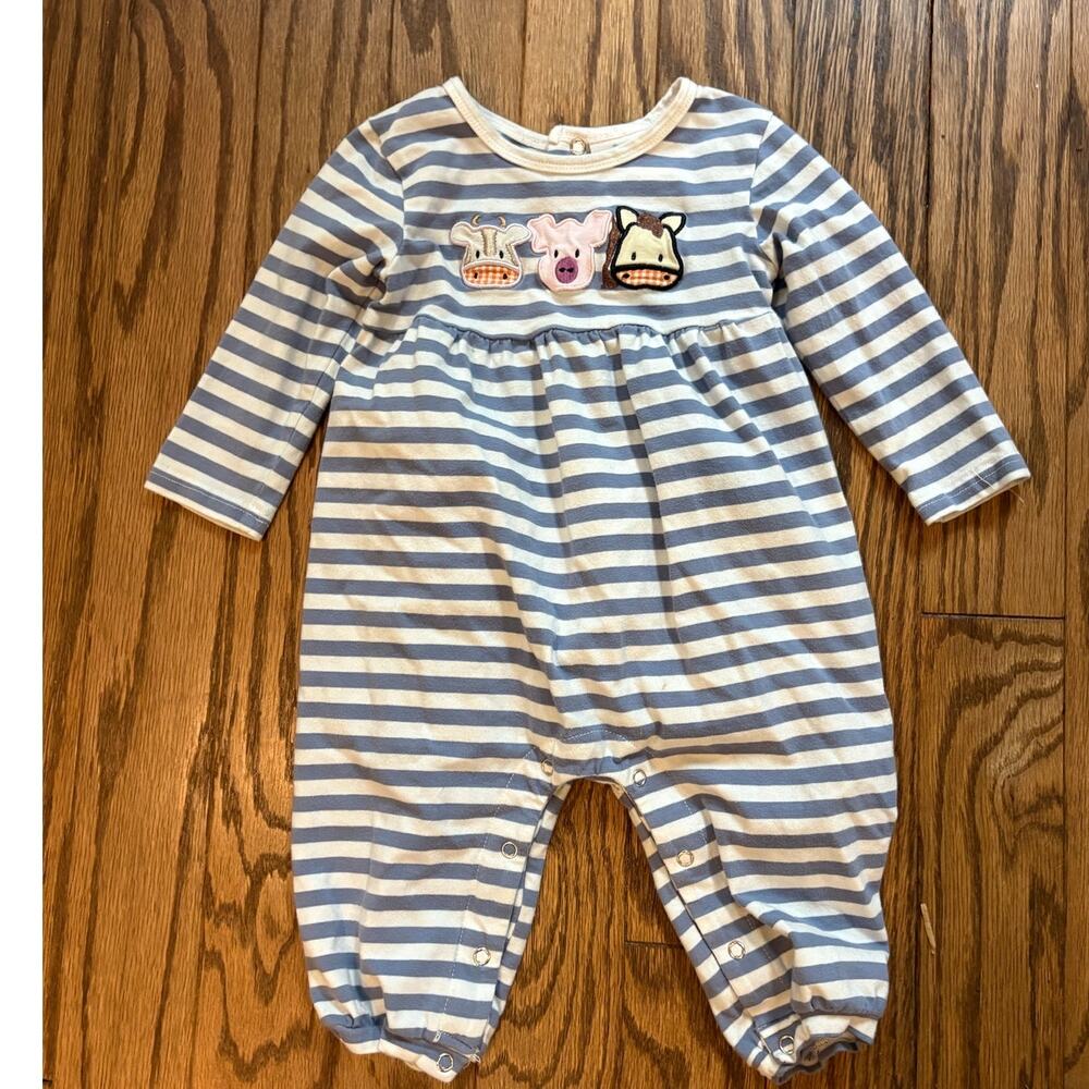 Stitchy Fish‎ Onsie 18M Farm Animal Romper Blue Stripe Long Sleeve  and Bloomers